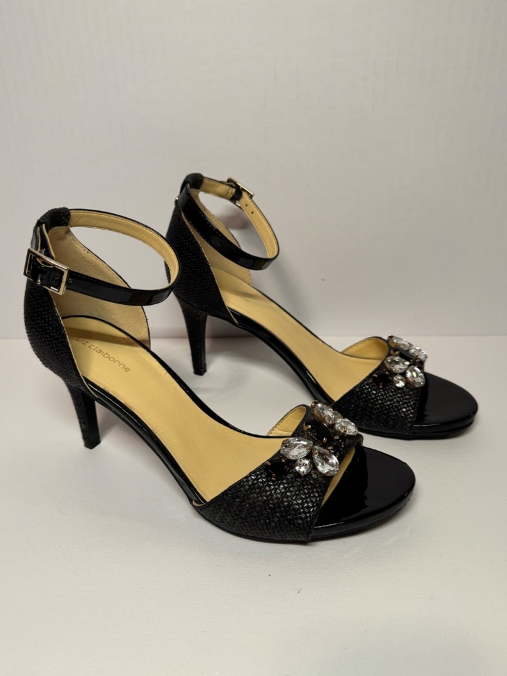 Liz Claiborne Black Embellished Ankle Strap Heels Woven 7.5 Rhinestone Sandals - Picture 3 of 13